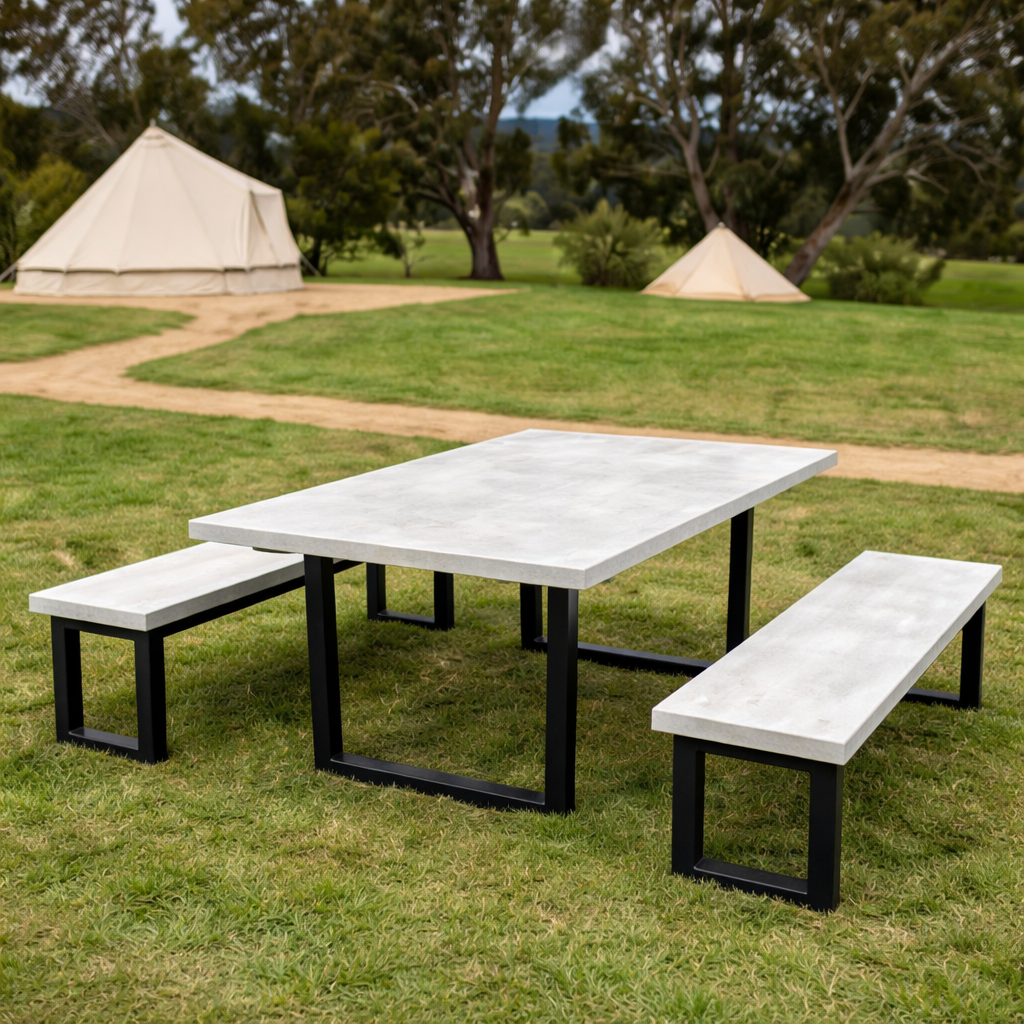 Concrete Outdoor table and bench seats on black steel frame